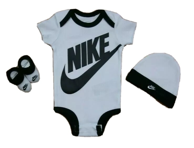 Nike Baby Boy Hat, Bodysuit & Booties Set ~ White & Black ~ 0-6M