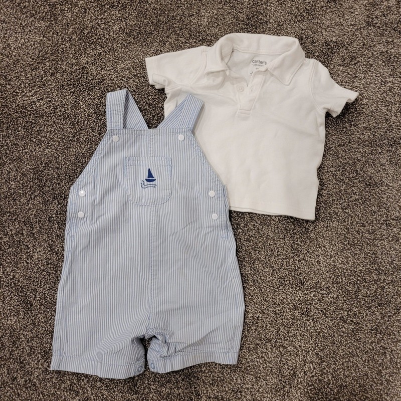 Carters Baby Boy Outfit Sailor Boat Overalls Polo Shirt Size 12 Months