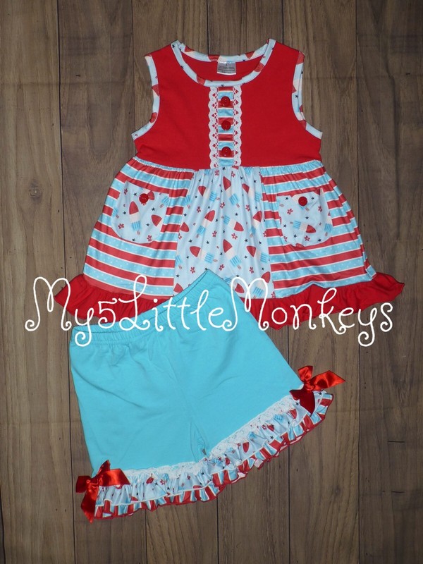 NEW Boutique 4th of July Popsicle Bomb Pop Tunic Dress & Shorts Girls Outfit Set