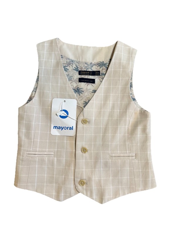 NWT Mayoral Beige Check Suit Vest Tailoring Line Cotton Linen – Size 3T