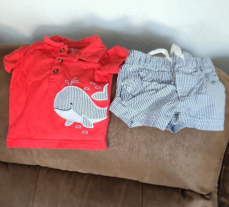 Carter’s Unisex Baby 3M 2pc Shirt & Striped Shorts Set Red/Blue/White Whale