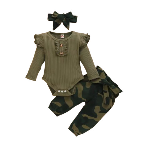 Camouflage Baby Girl Outfit – 3PCS Knitted Set with Long Sleeve Top Clothes