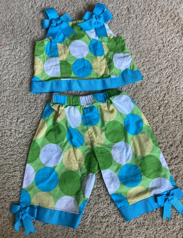 Rare Editions 2 Pc Sleeveless Tank Pant Set Girls Sz 3-6 M Polka Dot Blue Green