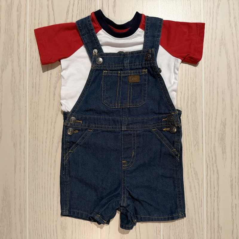 Lee Overalls Outfit Baby Boy 12M Denim Shortalls Set Red Shirt Causal EUC