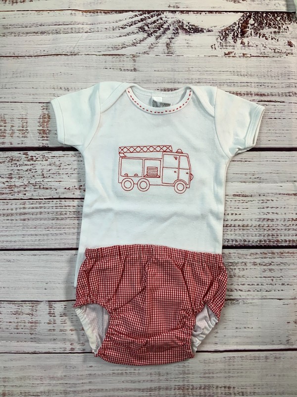 Baby Boy Fire Truck Embroidered Romber Diaper Cover Red Gingham Bloomer NB Size