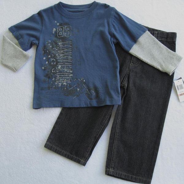 NWT KENNETH COLE Boys Blue Grey & Black Long Sleeve Two Piece Jeans Set( 2T, 3T)
