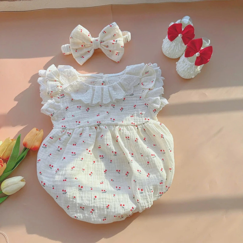 Baby Girl Cherry Cotton Gauze Bodysuit Full Month Outfit 3-12kg Set