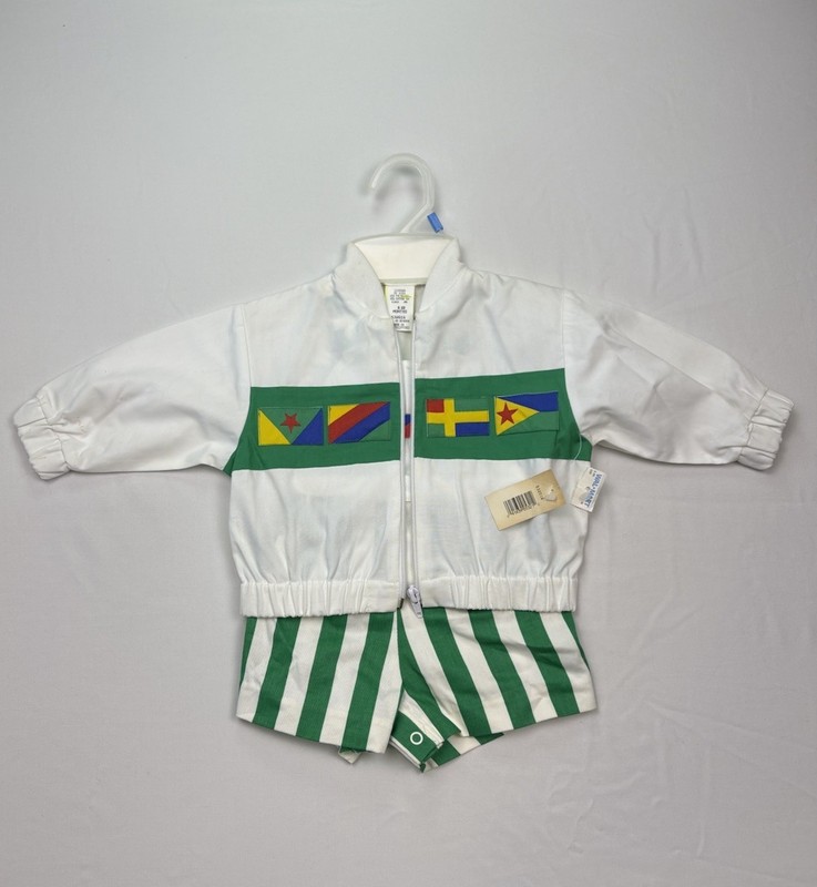 Vintage Baby Outfit 12 Months NWT Green Stripe Shorts Set Flags Retro