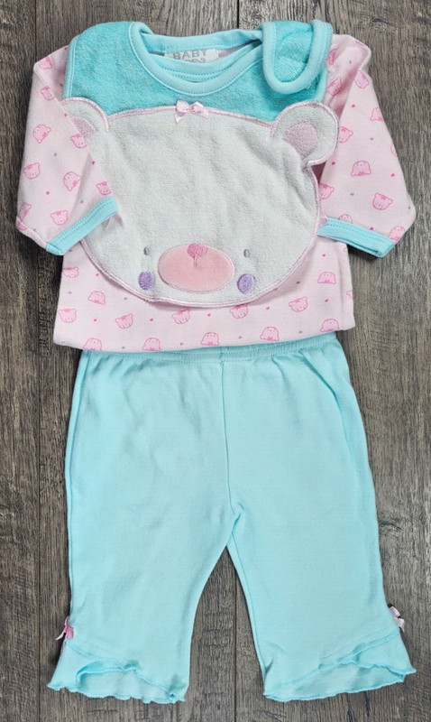 Baby Girl Clothes Bon Bebe 0-3 Month 3pc Pink Green Bear Outfit & Bib