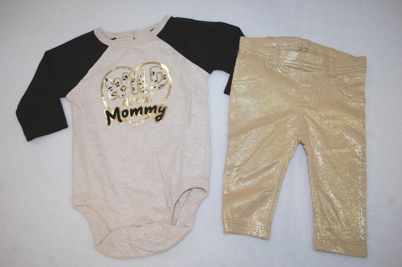 Baby Girls BIEGE BLACK L/S SHIRT Bodysuit WILD ABOUT MOMMY Gold Jeggings 0-3 MO