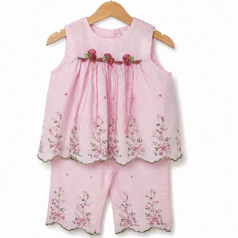 Girls 24M Pink Embroidered 2 Piece Outfit Set Floral Scalloped Boutique Summer