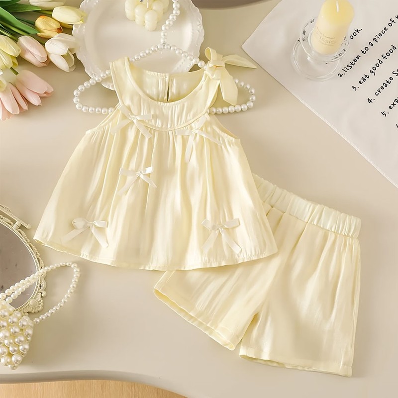 2PCS Newborn Baby Girl Clothes Bow Sleeveless T Shirt Tops Shorts Outfits Sets