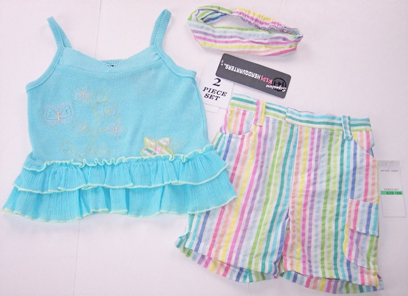 NWT Kids Headquarters Girl's 3 Pc. Aqua & Pastel Stripe Shorts Play Set, 18 Mos. gallery