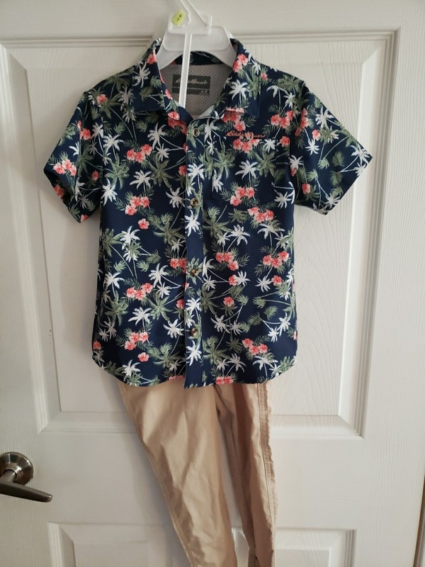 Eddie Bauer Shirt Kids Size 4T Blue Button Up Shirt Hawaiian Khaki Jogger Pants