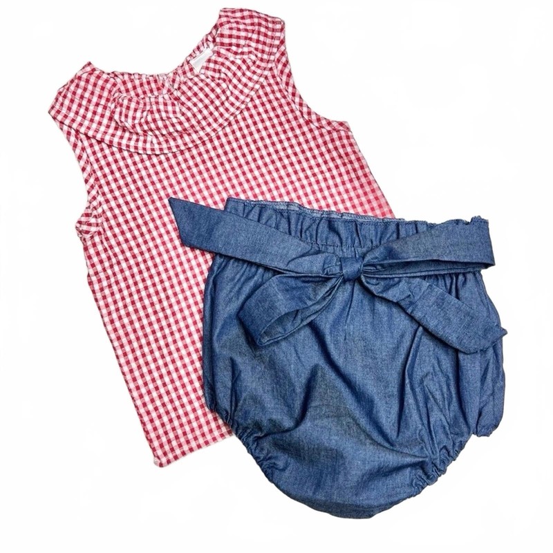 Little Sun 2pc Red/White Gingham Top & Denim Diaper Cover Set Sz 6m & 12m NEW