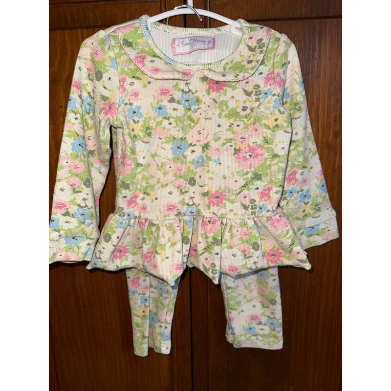 SweetHoney Girls 2T Floral Ribbed Peplum Top and Leggings Set Pink Blue Green