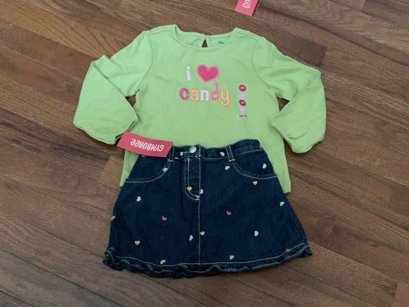 Gymboree Girls Little Hearts I Love Candy Top and Denim Heart Skirt Size 2 2T