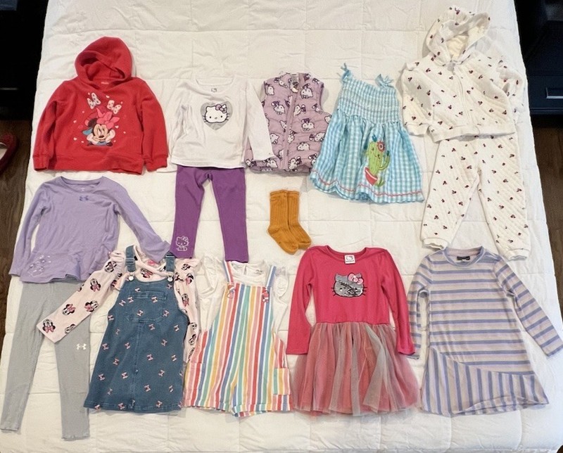 Lot Of 9 Toddler Girls 4T Clothing. 4 Dresses, 4 Outfits, 1 Sweatshirt. VGC