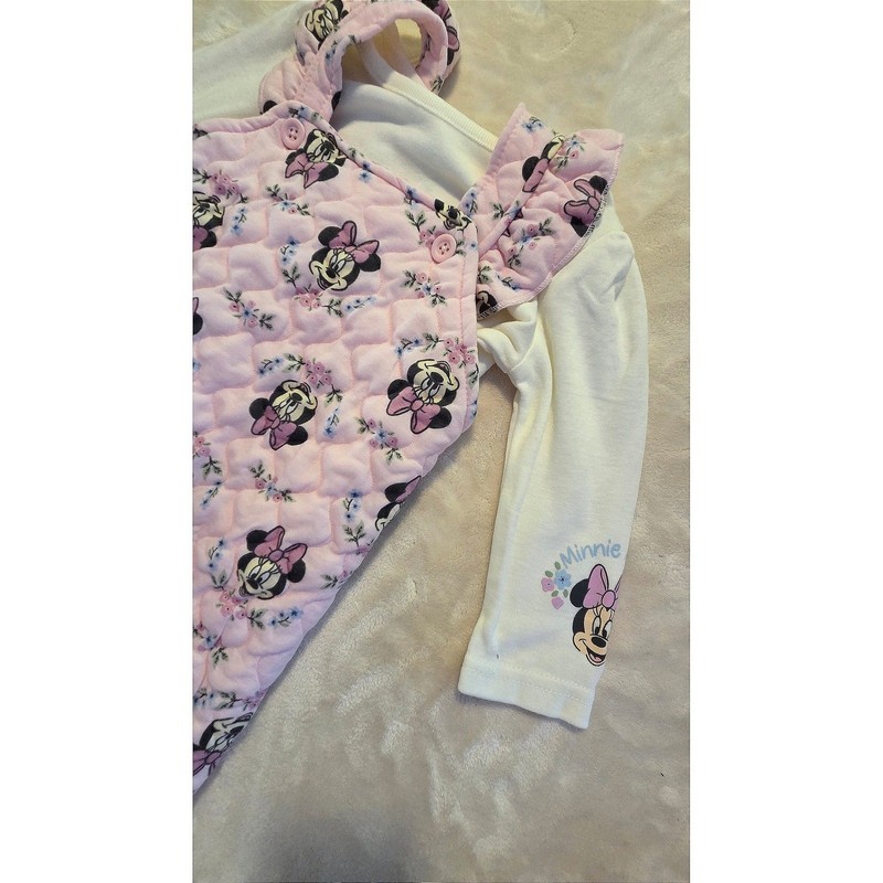 Disney Baby Minnie MouseOutfit Set Pink Quilted Overalls Cotton Shirt 12M