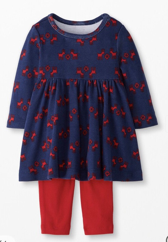 NEW HANNA ANDERSSON Holiday Dress/Legging Set 75 12-18m LITTLE DEER Navy/Red W24