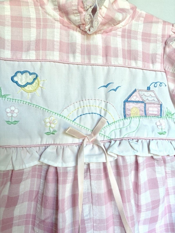 Vtg Baby Girls Romper 12M Petit Ami Pink Plaid Lace Embroidered Heirloom Cottage gallery
