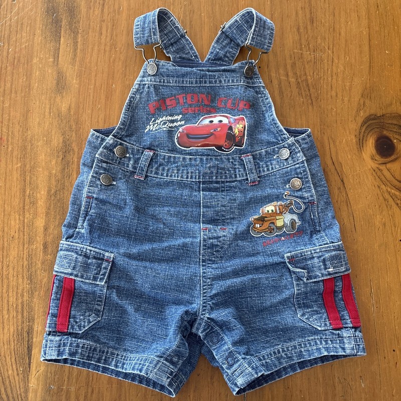 Vintage Pixar Disney CARS Denim Overalls Toddler Boys 24M McQueen Mater Red