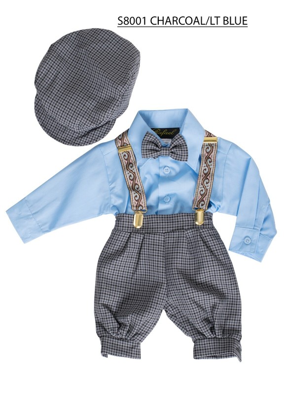 BABY KIDS BOYS PATTERN OUTFIT 5 PIECES SET SHIRT, BOW TIE, PANT, SUSPENDER & CAP