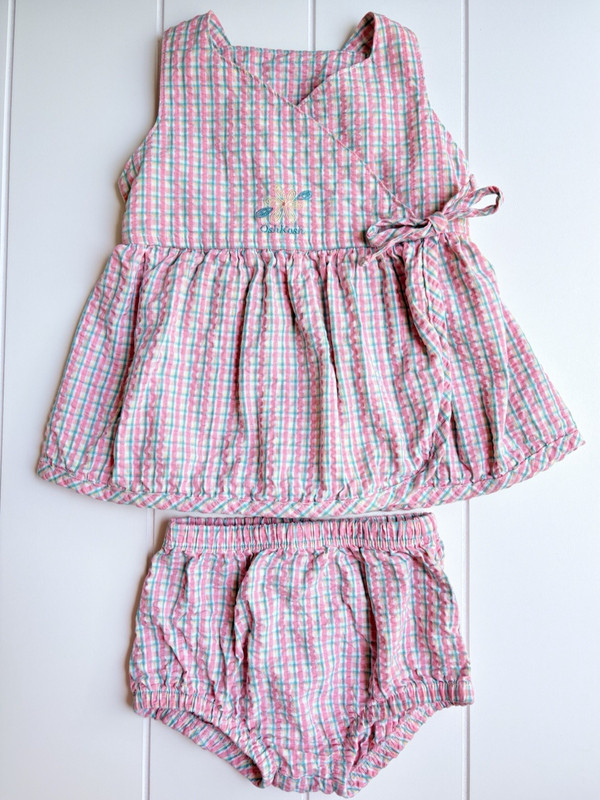 OshKosh B’Gosh 3-6 Months Seersucker Plaid Dress Top Bloomer Set Flower Pink