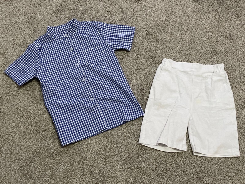 Toddler 2pcs Young Boy Casual Blue Gingham Shirt & Shorts Set 5-6Y