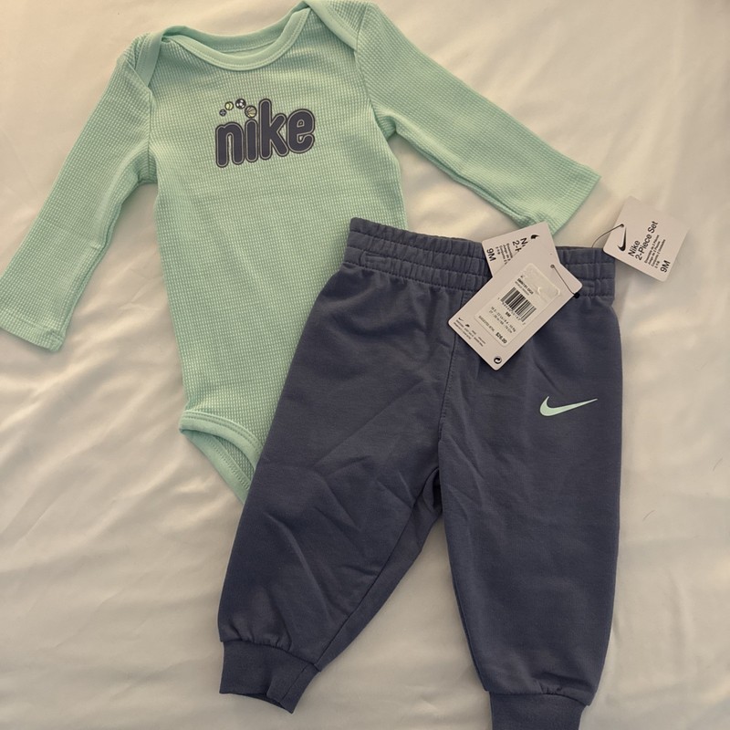 NWT 2pc Set 9M Nike Green Sports Balls Bodysuit + Blue Pants Swoosh Logo