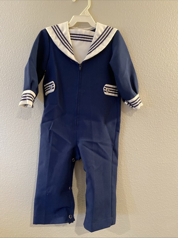 Vintage Sailor Suit 1 Piece Toddler Boys Navy Blue and White See Size Specifics
