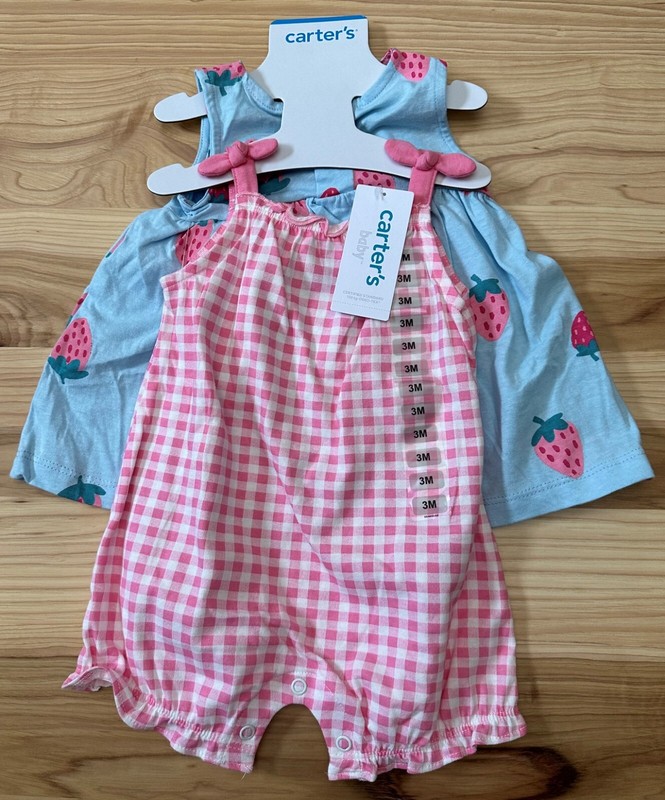 Carter’s Baby Girl 3 Piece Romper/Dress set (3M, 6M, 9M, 12M, or 18M) Pink/Blue