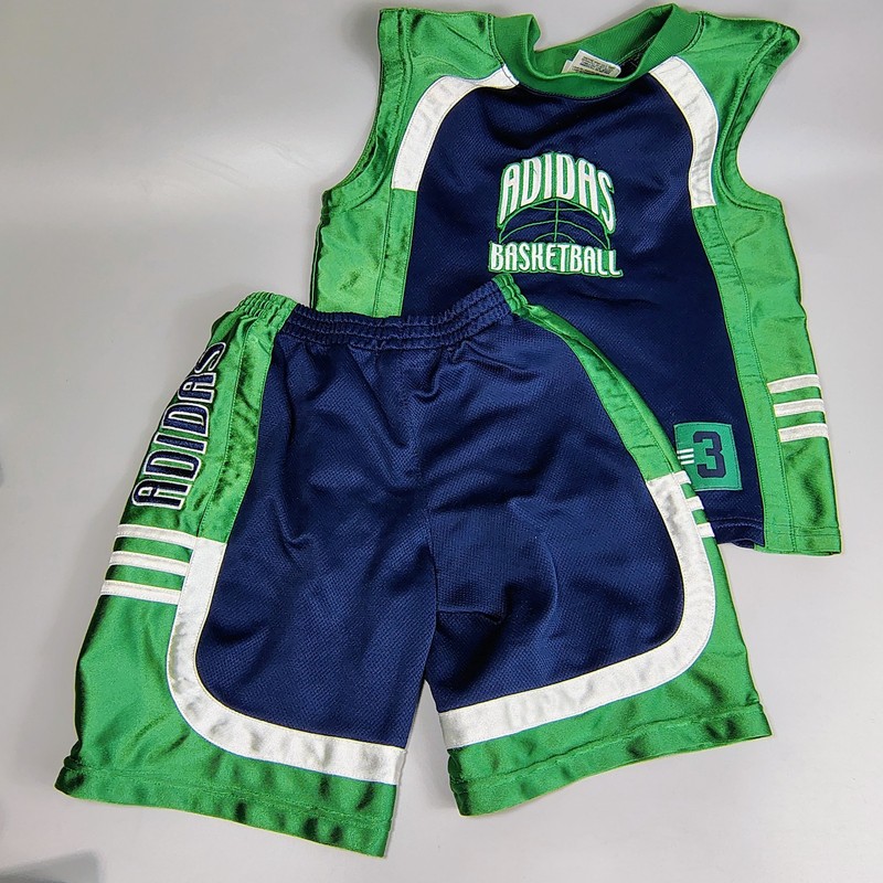 VTG Y2K Adidas 4T Toddler Basketball Set Jersey Shorts Blue Green #3 Mesh 2000s