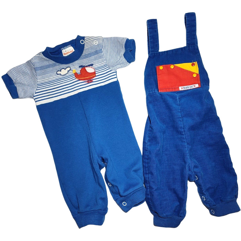 Health-Tex Vtg Baby Boy 3 6 Mos Outfit Lot Blue Helicopter Stripe Corduroy 2pc