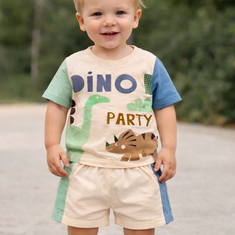 NEW Todlers Boy’s Dinosaur Party Shirt/Short Set 18-24 Months Beige #0788