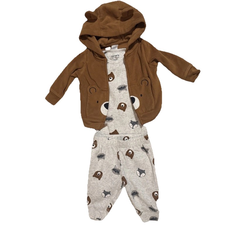 Carter’s 3pc Outfit Set Baby Boy 3M Bear Fox Hoodie Bodysuit Pants Cozy EUC
