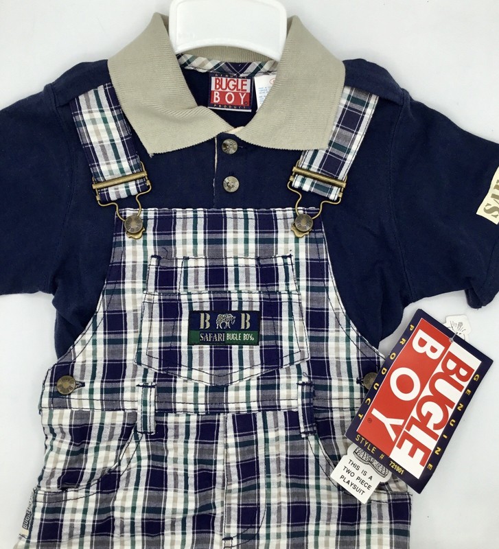 💥90’s NEW w/ Tags «Safari» Bugle Boy two-piece Short Plaid Overall Set, Size 4T