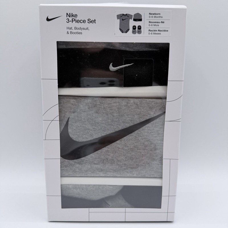 Nike Baby 3Pc Outfit Set Hat Bodysuit Booties 0-6M Jersey Black Gray NIB