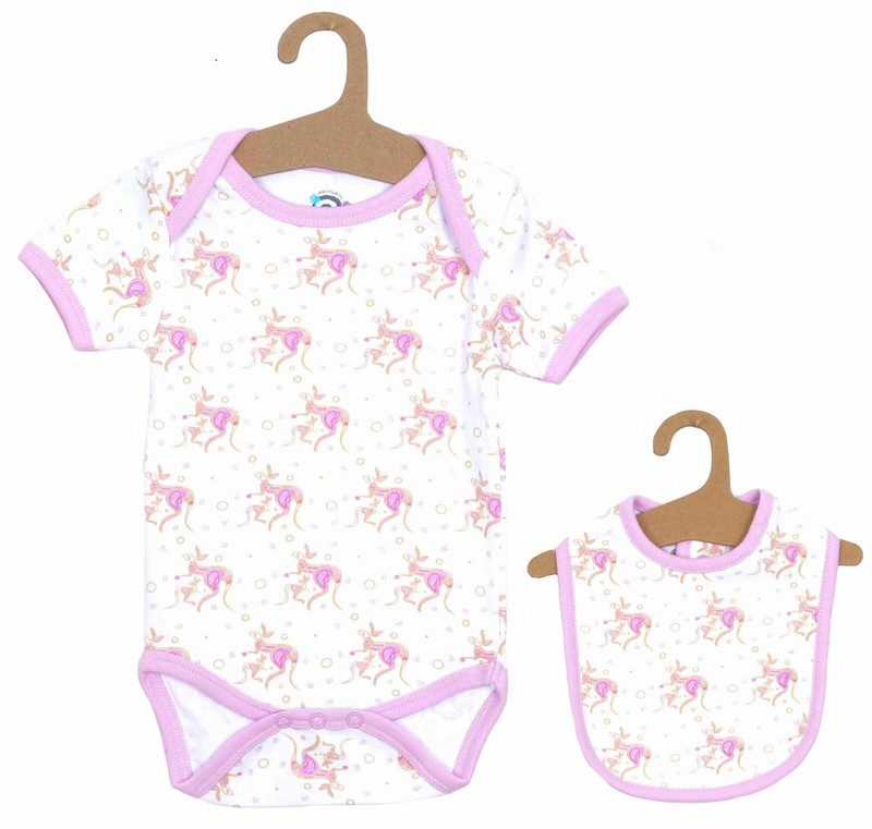 2-Pieces – Baby Romper + Bib – 3-6 Months- Aboriginal, Australia- Kangaroo, Pink