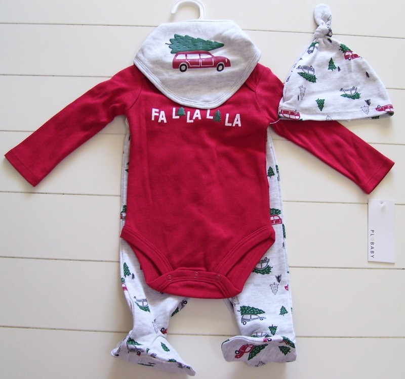 PL Baby 4 Pc Christmas Fa La La Bodysuit Pants Hat Bib Outfit Sz 3M 6M or 9M