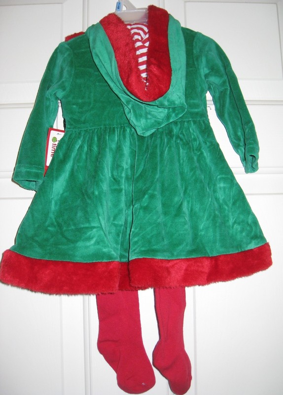 Holiday Time Red/Green Infant Girl Striped Hood Velour Mrs.Santa Dress w/Tights gallery