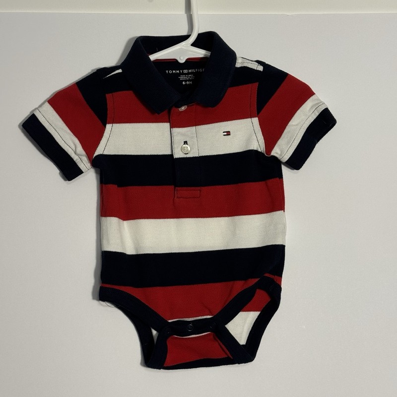 TOMMY HILFIGER Baby Boy Collared Striped Outfit w/Embroidered Logo SZ 6-9 Mos