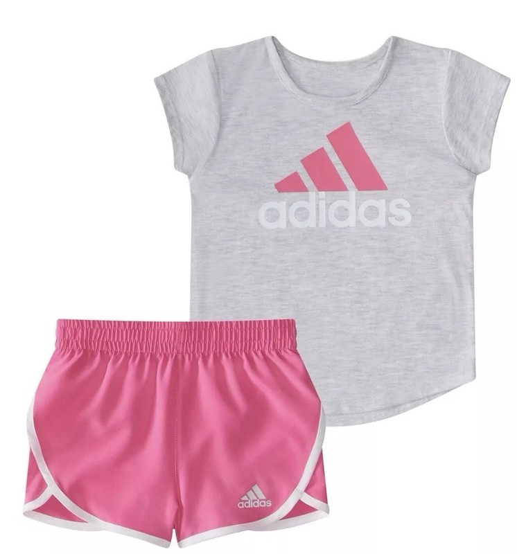 adidas Girls 2 Piece Pink/Gray Short Set Size 12 Months Brand New‼️
