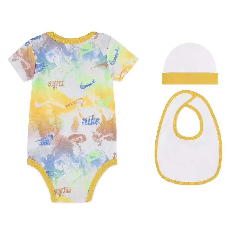 Nike Newborn 3 Piece Set Bodysuit Hat Bib Size 0-6 Months NIB Yellow Tie Dye gallery