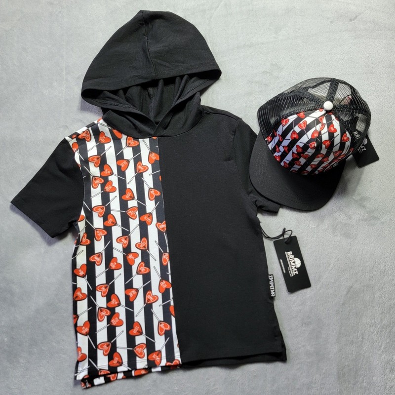 Brimmz Kids Black Heart Sucker Striped Short Sleeve Hoodie & Trucker Hat Set 3-4