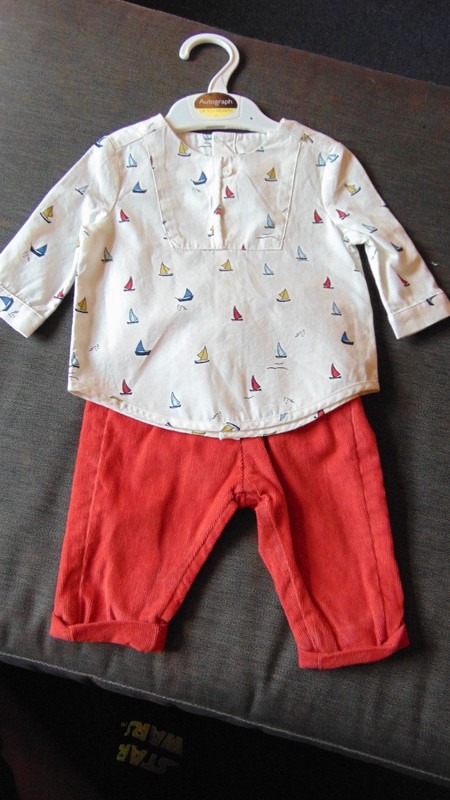M&S Top & Trousers Autograph 2 Part 100%Cotton ‘Boats’ 0-1m 54cm Multi BNWT
